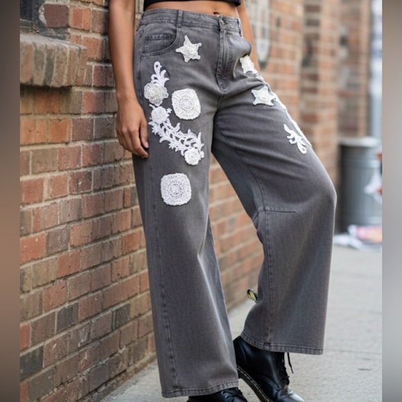 Blue Velvet Pants - Blue Velvet NWT Noir Straight Leg Pants with Floral Crochet Detail Size Large
